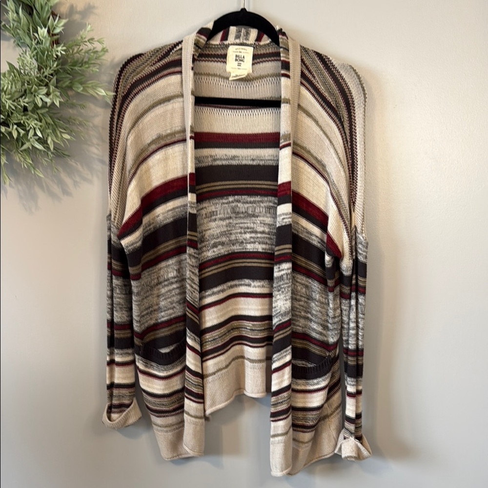 NWOT BillaBong Cream and Red Striped Open Front Cardigan Size Small